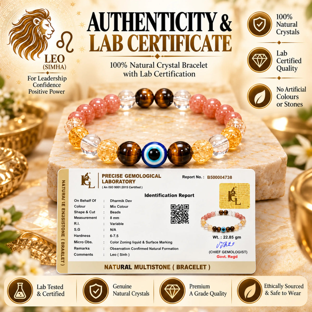 Leo (Simha) Crystal Bracelet (Govt Lab Certified)