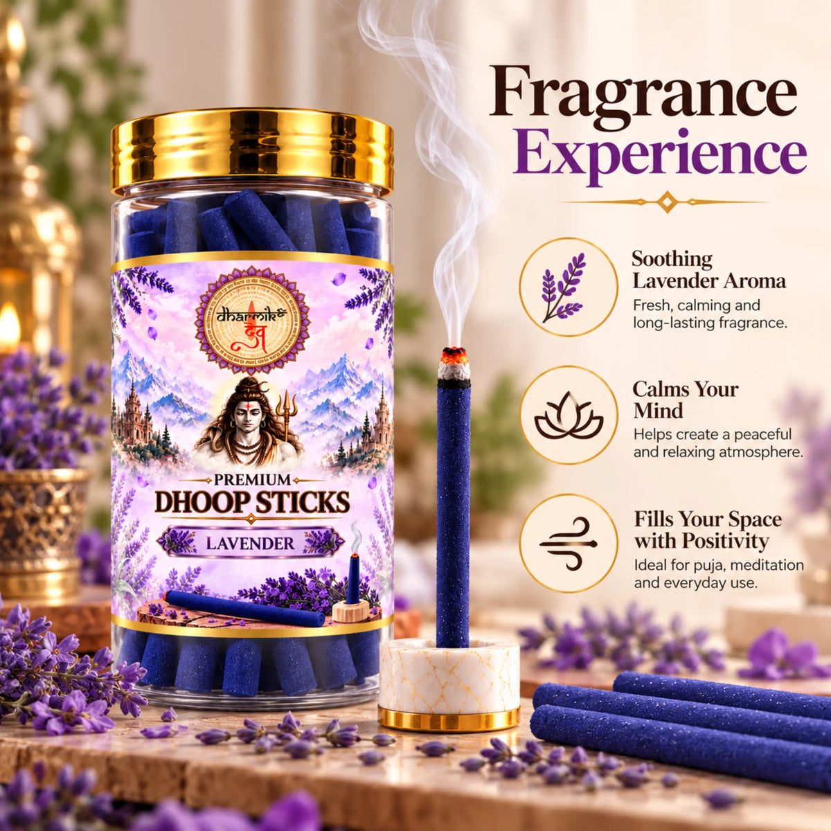 Lavender Dhoop Sticks – Pack of 3 (125g Each) | Premium Floral Fragrance for Puja & Meditation
