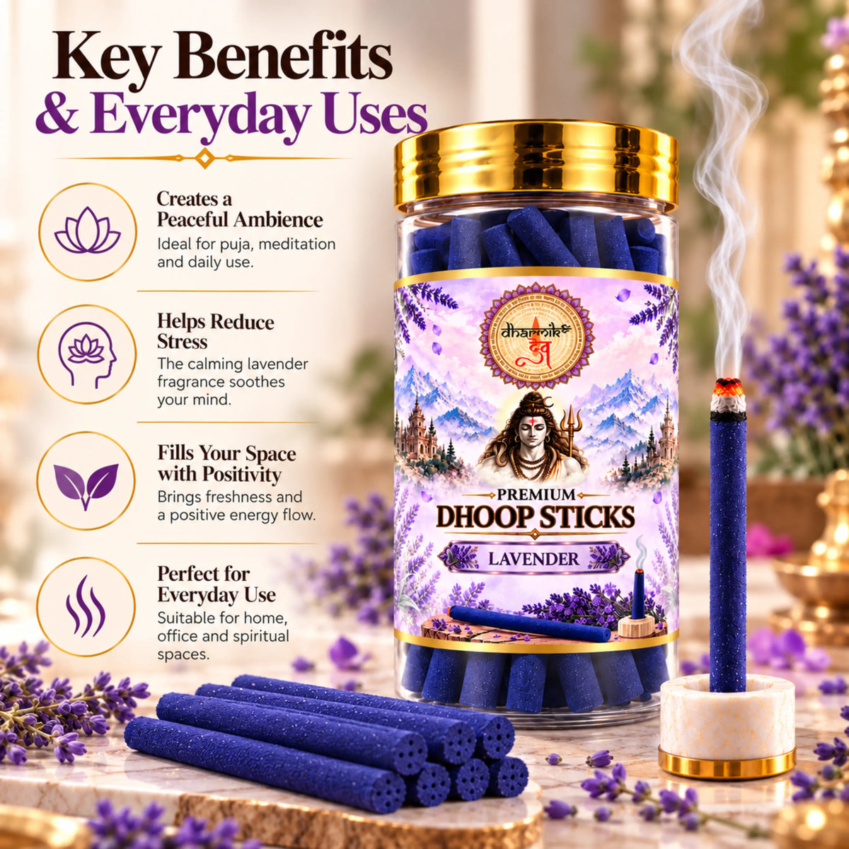 Lavender Dhoop Sticks – Pack of 3 (125g Each) | Premium Floral Fragrance for Puja & Meditation