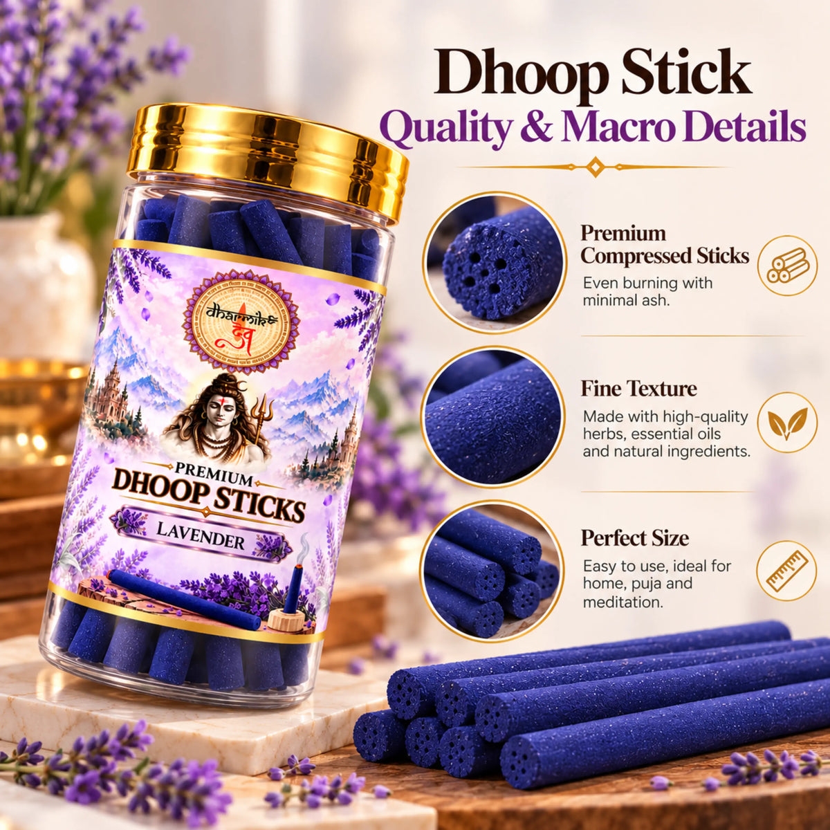 Lavender Dhoop Sticks – Pack of 3 (125g Each) | Premium Floral Fragrance for Puja & Meditation