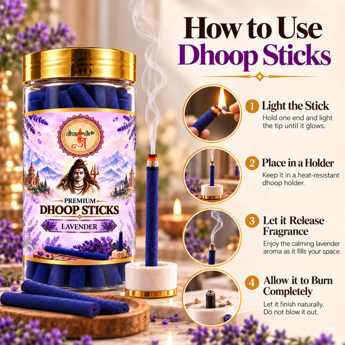 Lavender Dhoop Sticks – Pack of 3 (125g Each) | Premium Floral Fragrance for Puja & Meditation