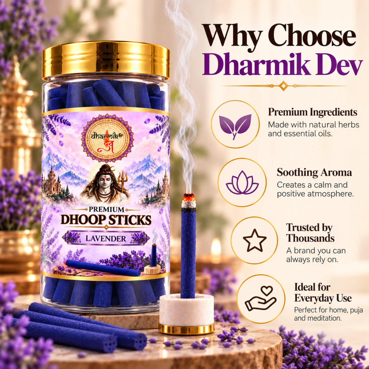 Lavender Dhoop Sticks – Pack of 3 (125g Each) | Premium Floral Fragrance for Puja & Meditation