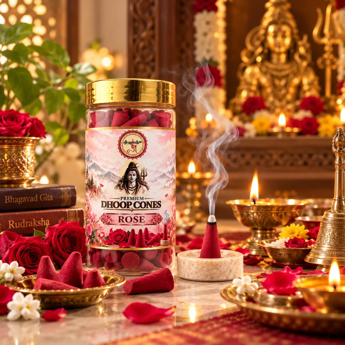Rose Dhoop Cones – Pack of 3 (125g Each) | Premium Floral Fragrance for Puja & Meditation