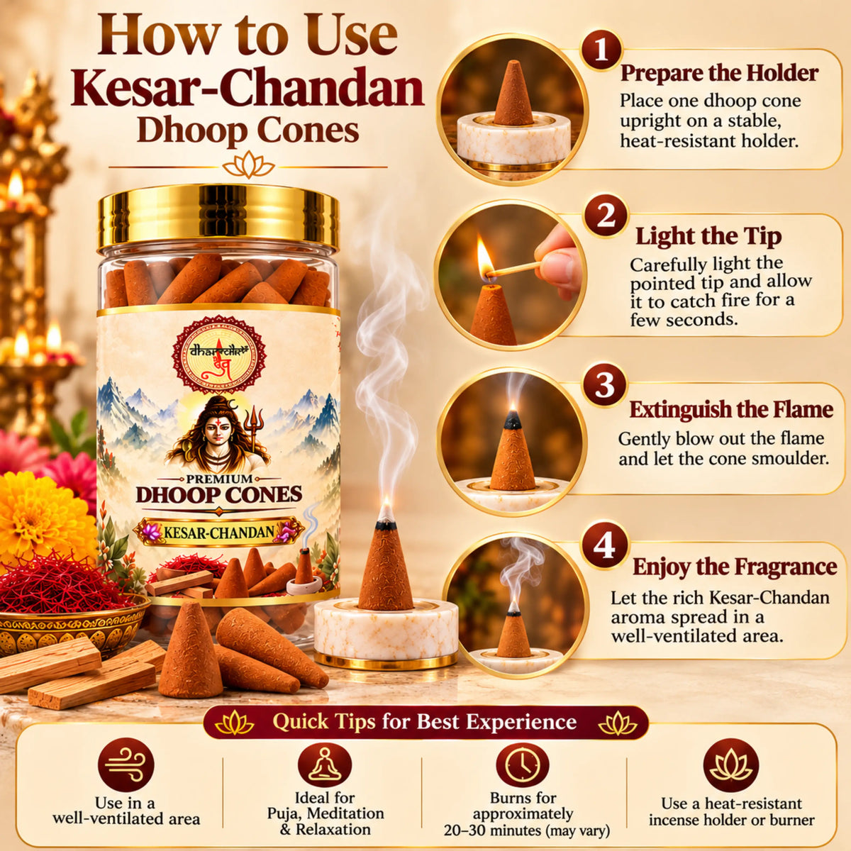 Kesar Chandan Dhoop Cones – Pack of 3 (125g Each) | Premium Sandalwood Fragrance for Puja & Meditation