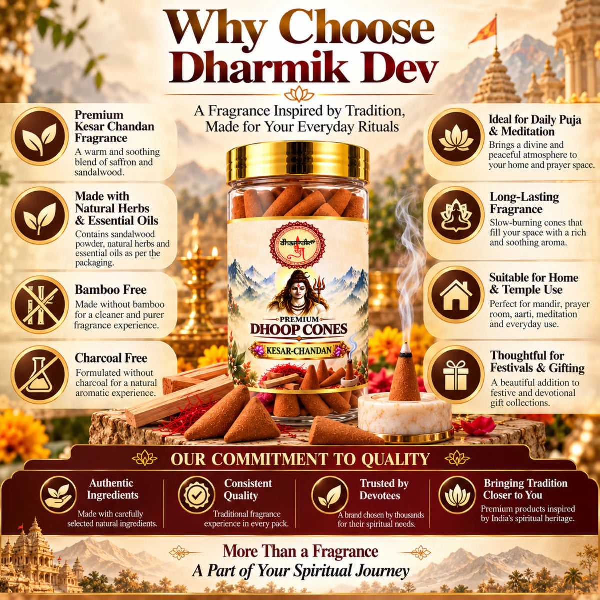 Kesar Chandan Dhoop Cones – Pack of 3 (125g Each) | Premium Sandalwood Fragrance for Puja & Meditation