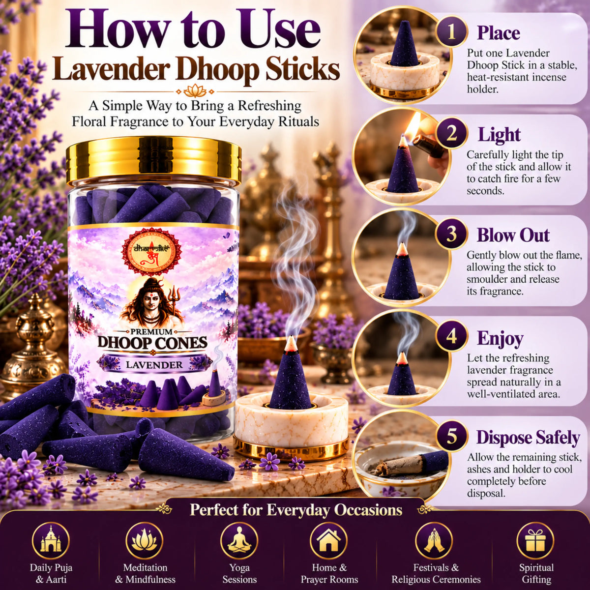 Lavender Dhoop Cones – Pack of 3 (125g Each) | Premium Floral Fragrance for Puja & Meditation