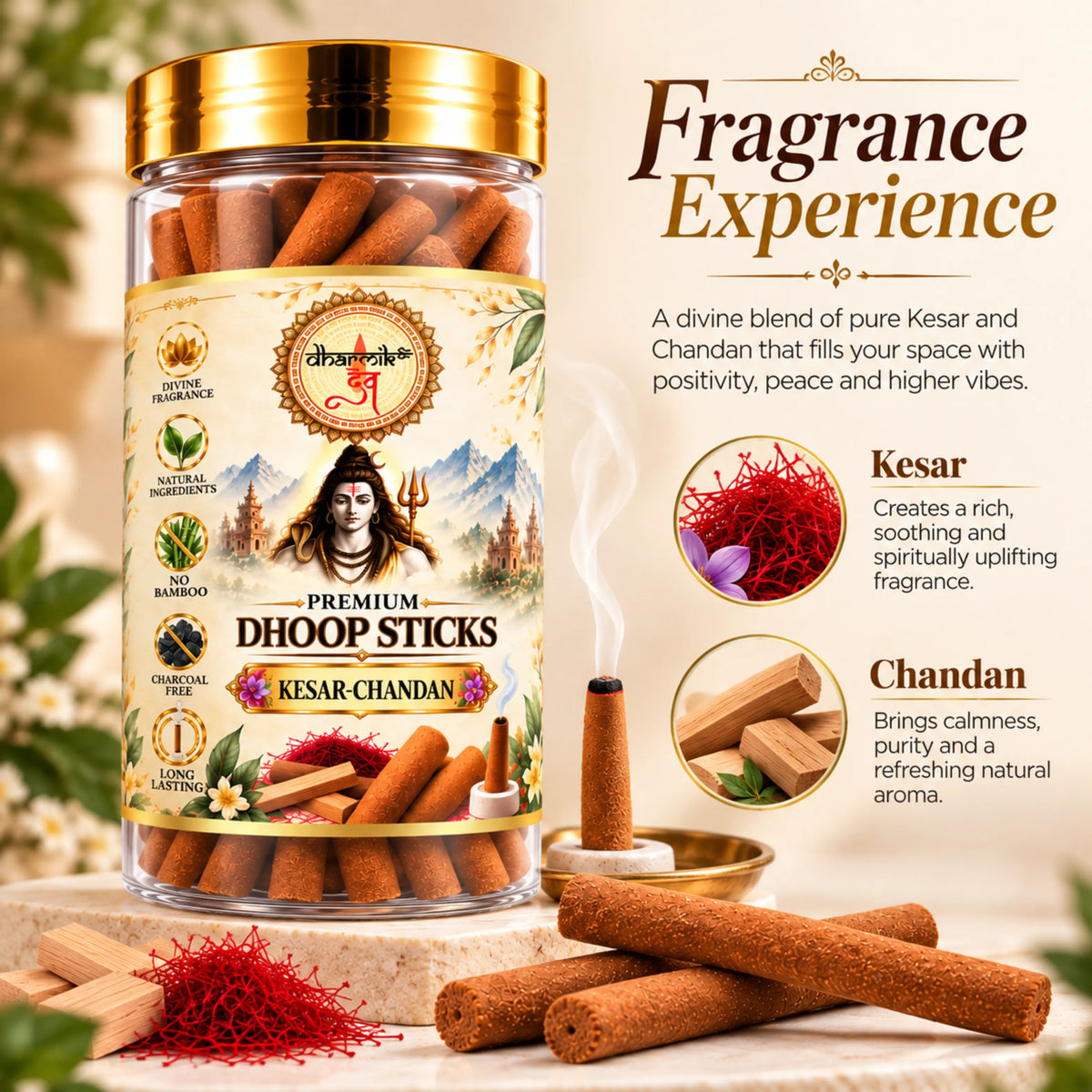 Kesar Chandan Dhoop Sticks – Pack of 3 (125g Each) | Premium Sandalwood Fragrance for Puja & Meditation