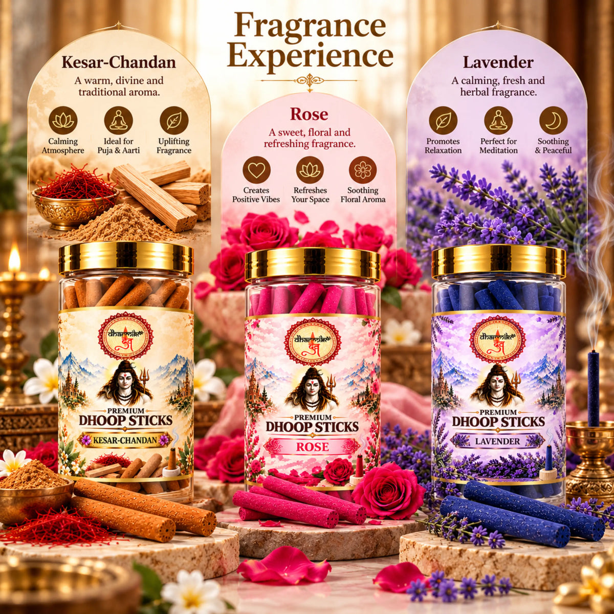 Kesar Chandan, Rose & Lavender Dhoop Sticks – 3 Fragrance Combo Pack (125g Each) | Premium Fragrances for Puja & Meditation