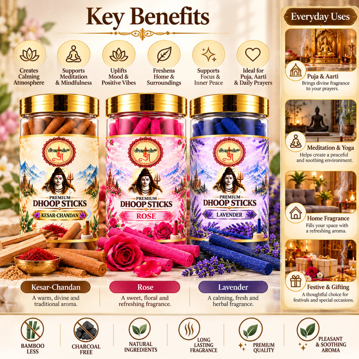 Kesar Chandan, Rose & Lavender Dhoop Sticks – 3 Fragrance Combo Pack (125g Each) | Premium Fragrances for Puja & Meditation