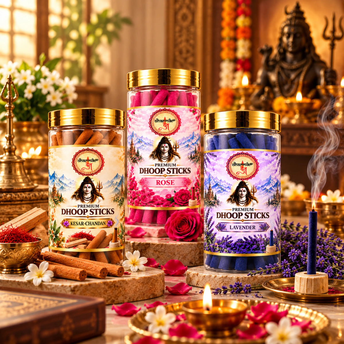 Kesar Chandan, Rose & Lavender Dhoop Sticks – 3 Fragrance Combo Pack (125g Each) | Premium Fragrances for Puja & Meditation