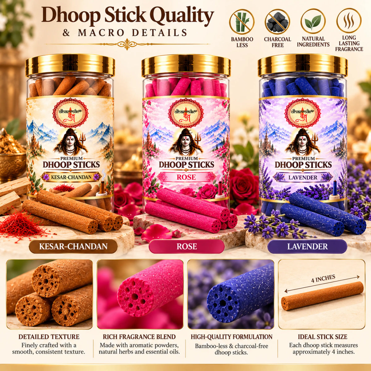 Kesar Chandan, Rose & Lavender Dhoop Sticks – 3 Fragrance Combo Pack (125g Each) | Premium Fragrances for Puja & Meditation