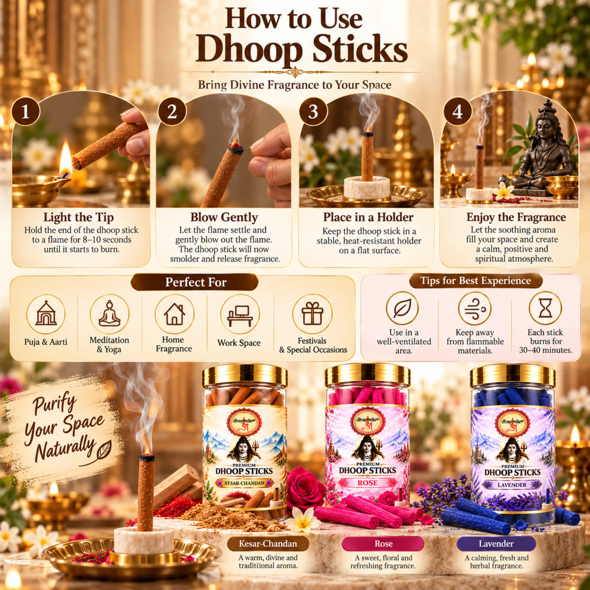 Kesar Chandan, Rose & Lavender Dhoop Sticks – 3 Fragrance Combo Pack (125g Each) | Premium Fragrances for Puja & Meditation