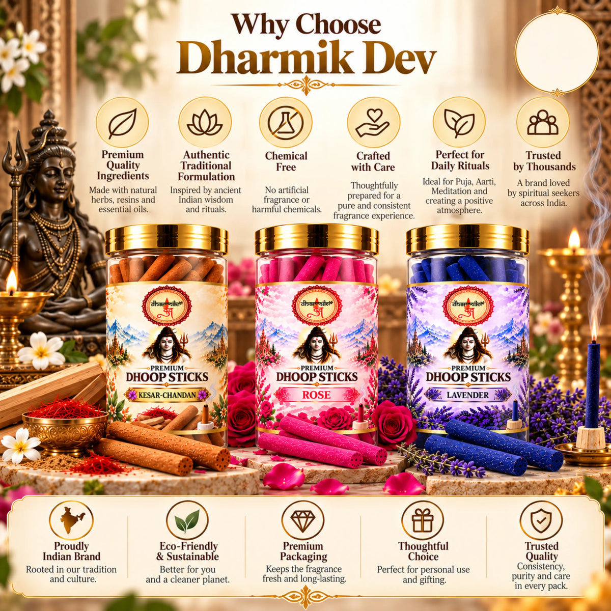 Kesar Chandan, Rose & Lavender Dhoop Sticks – 3 Fragrance Combo Pack (125g Each) | Premium Fragrances for Puja & Meditation