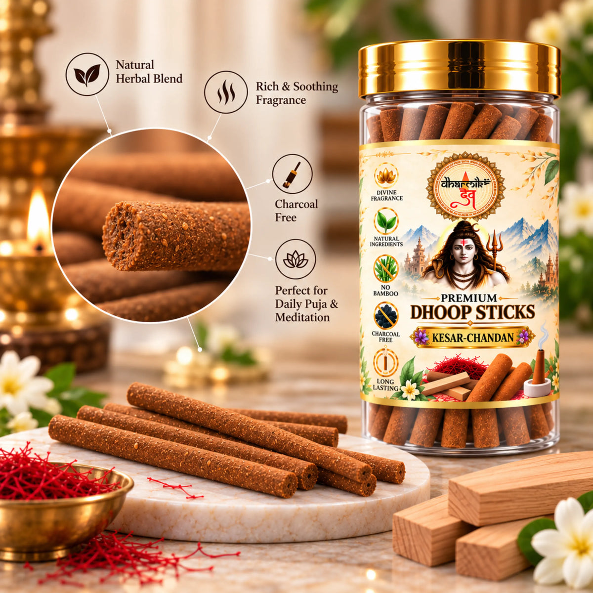 Kesar Chandan Dhoop Sticks – Pack of 3 (125g Each) | Premium Sandalwood Fragrance for Puja & Meditation