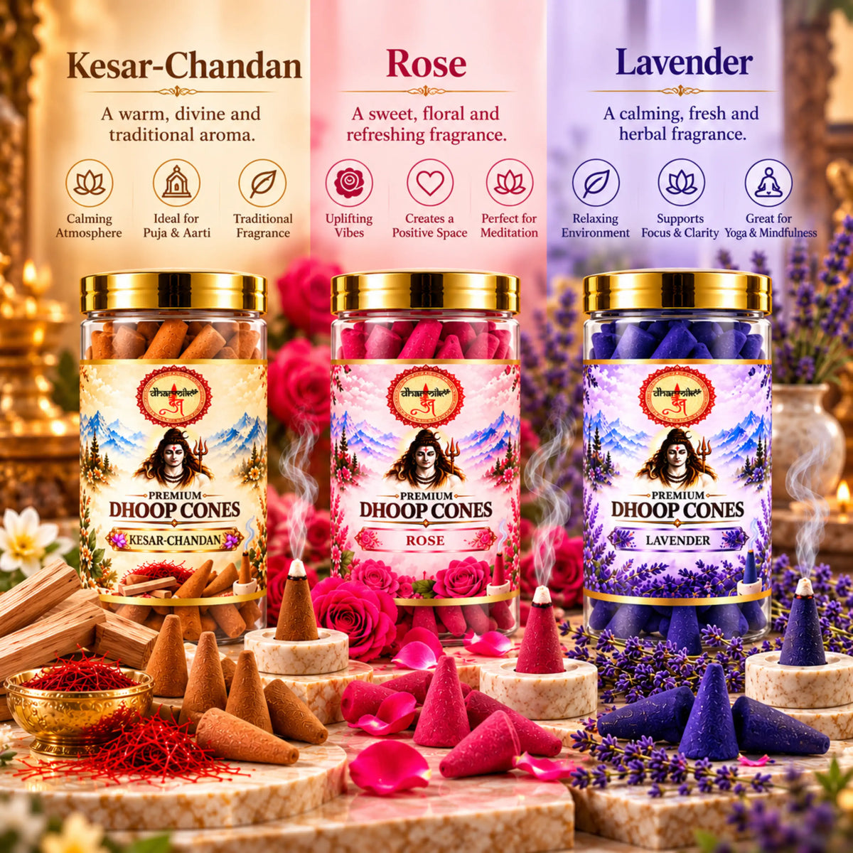 Kesar Chandan, Rose & Lavender Dhoop Cones – 3 Fragrance Combo Pack (125g Each) | Premium Fragrances for Puja & Meditation