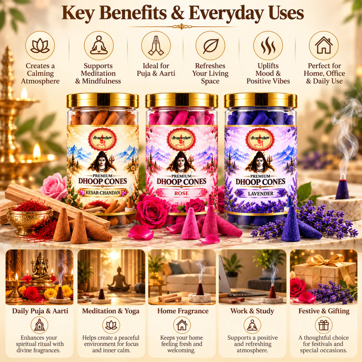 Kesar Chandan, Rose & Lavender Dhoop Cones – 3 Fragrance Combo Pack (125g Each) | Premium Fragrances for Puja & Meditation