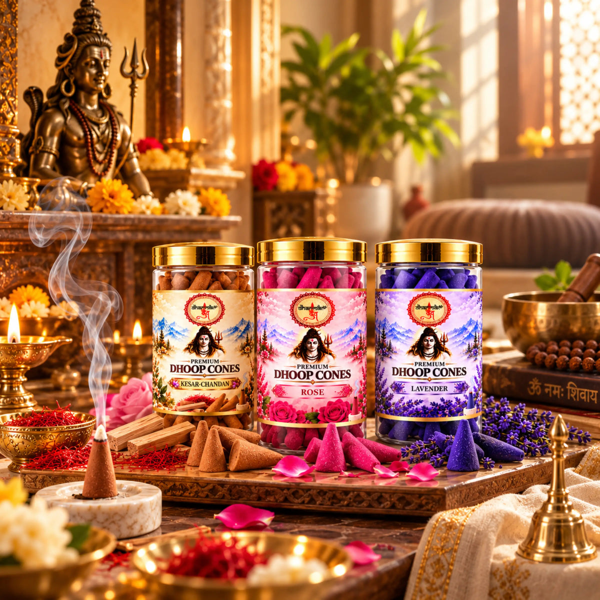 Kesar Chandan, Rose & Lavender Dhoop Cones – 3 Fragrance Combo Pack (125g Each) | Premium Fragrances for Puja & Meditation