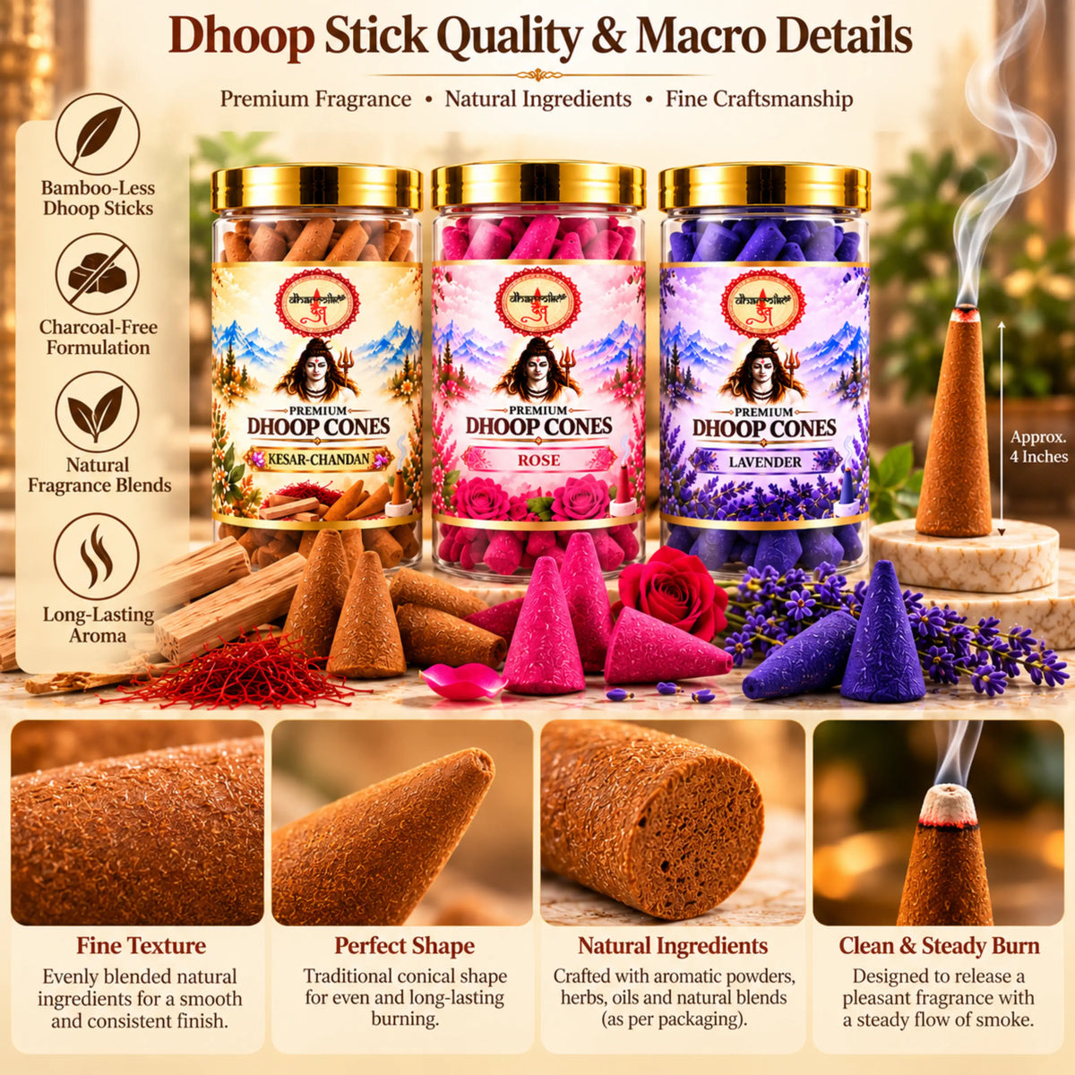 Kesar Chandan, Rose & Lavender Dhoop Cones – 3 Fragrance Combo Pack (125g Each) | Premium Fragrances for Puja & Meditation