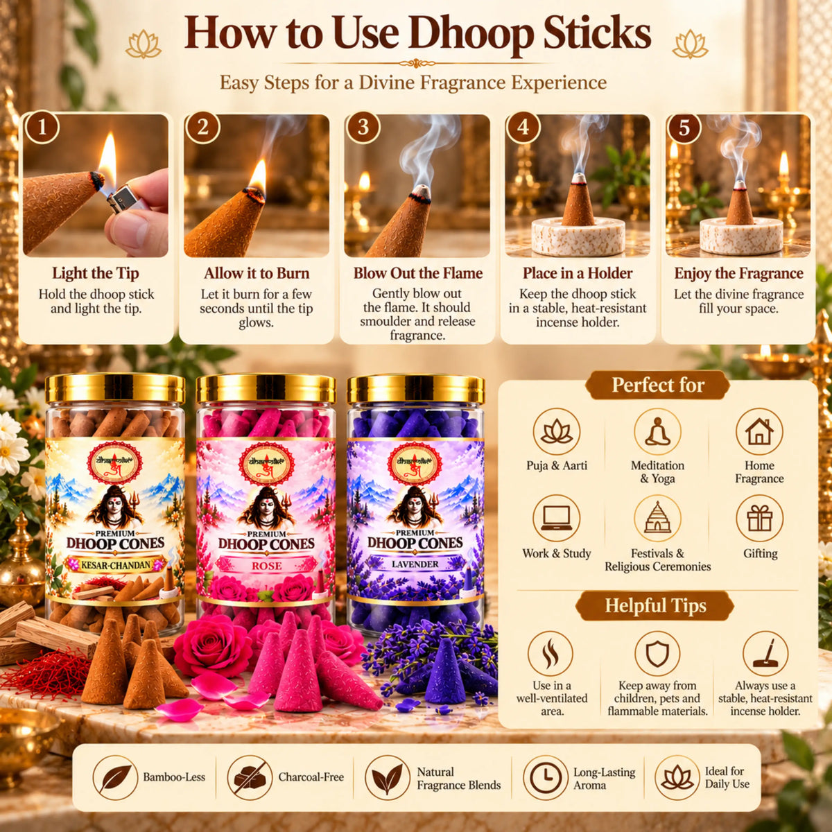 Kesar Chandan, Rose & Lavender Dhoop Cones – 3 Fragrance Combo Pack (125g Each) | Premium Fragrances for Puja & Meditation