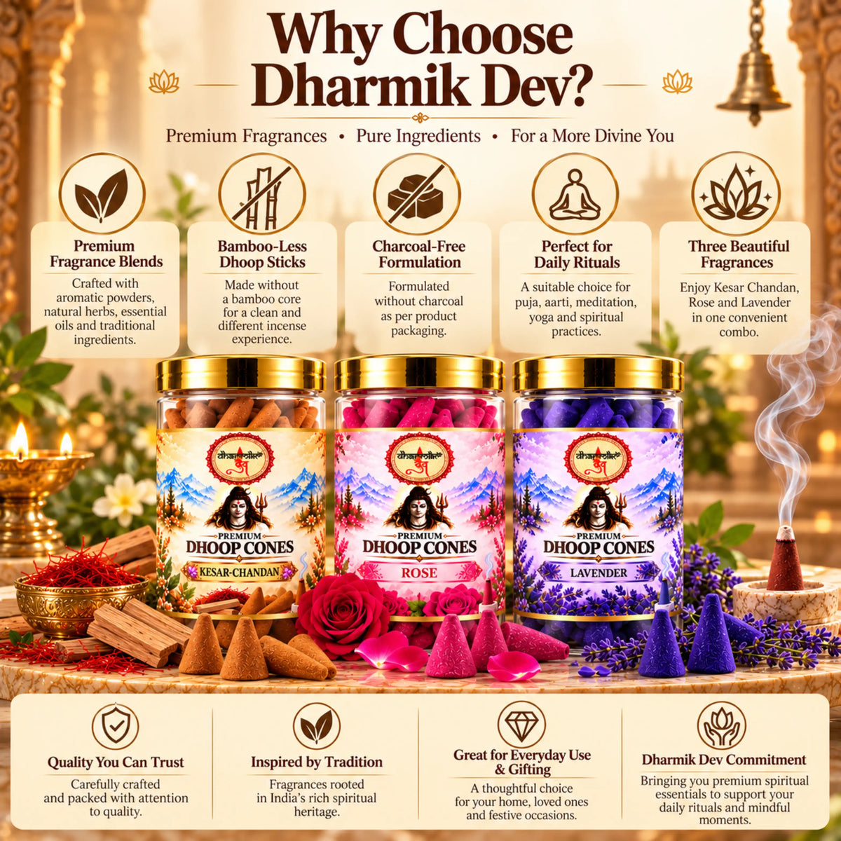 Kesar Chandan, Rose & Lavender Dhoop Cones – 3 Fragrance Combo Pack (125g Each) | Premium Fragrances for Puja & Meditation