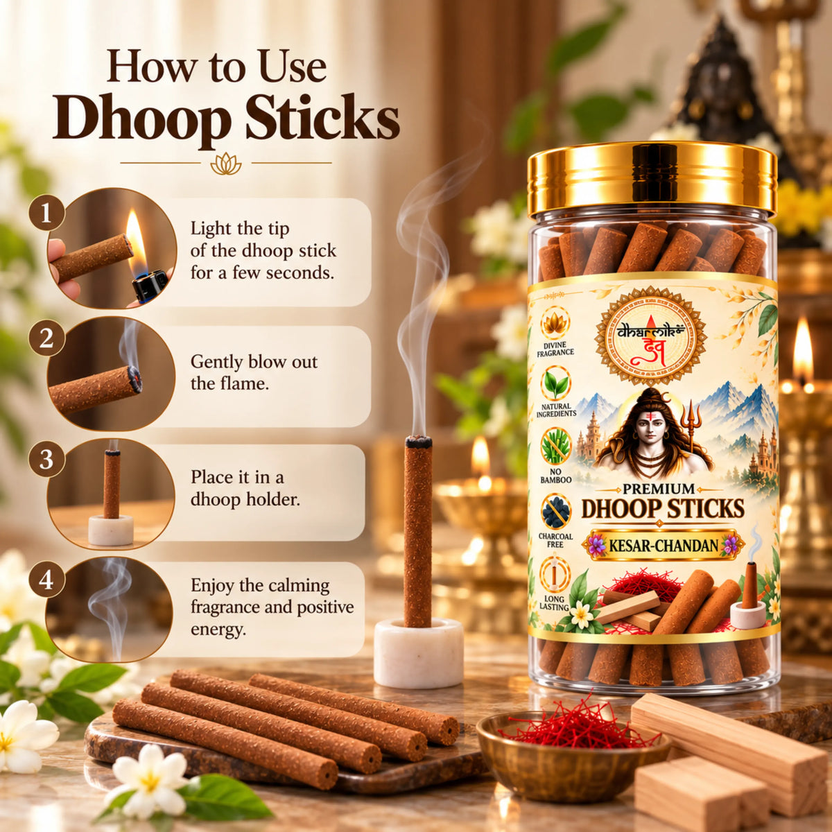 Kesar Chandan Dhoop Sticks – Pack of 3 (125g Each) | Premium Sandalwood Fragrance for Puja & Meditation