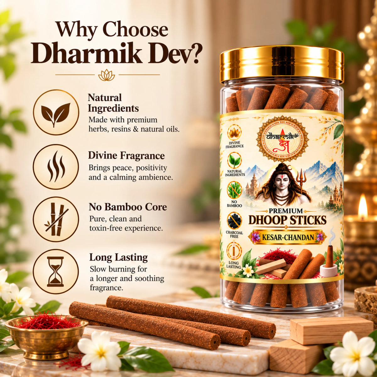 Kesar Chandan Dhoop Sticks – Pack of 3 (125g Each) | Premium Sandalwood Fragrance for Puja & Meditation