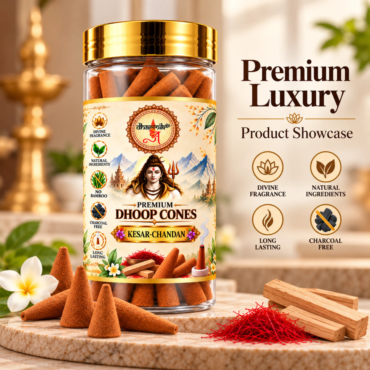Kesar Chandan Dhoop Cones – Pack of 3 (125g Each) | Premium Sandalwood Fragrance for Puja & Meditation