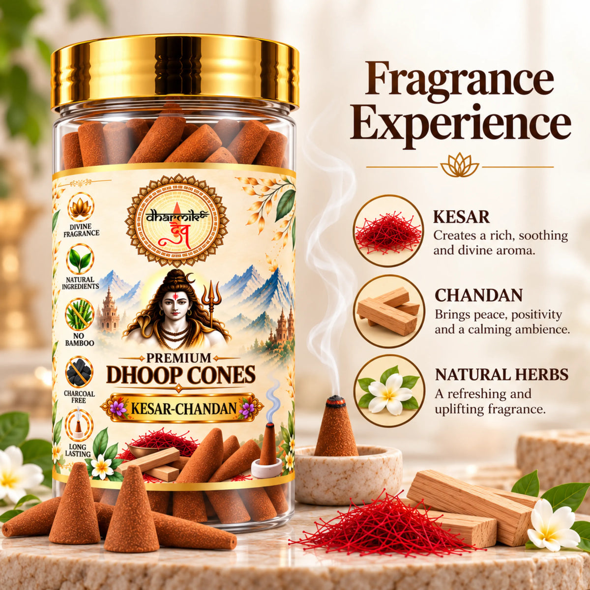 Kesar Chandan Dhoop Cones – Pack of 3 (125g Each) | Premium Sandalwood Fragrance for Puja & Meditation