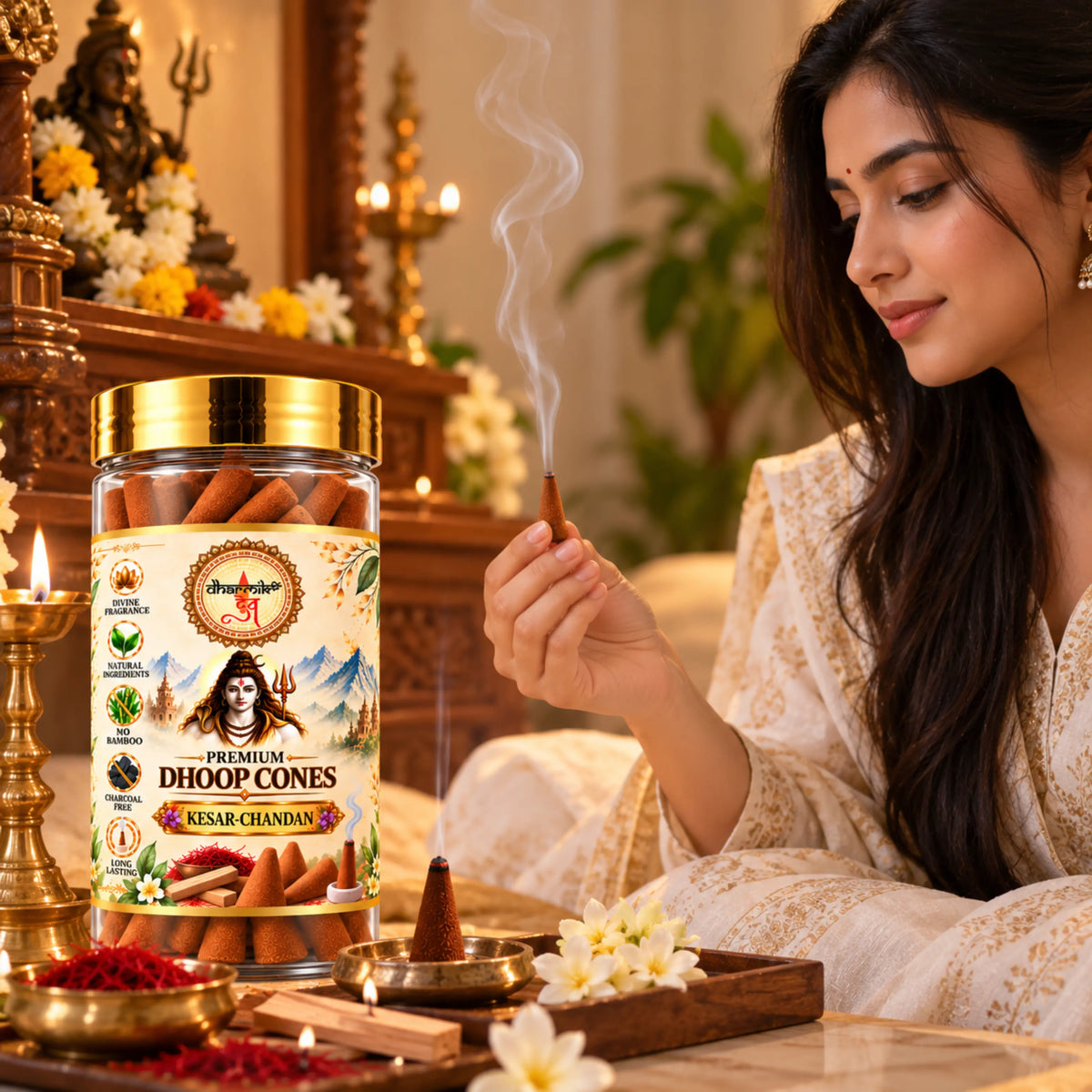 Kesar Chandan Dhoop Cones – Pack of 3 (125g Each) | Premium Sandalwood Fragrance for Puja & Meditation