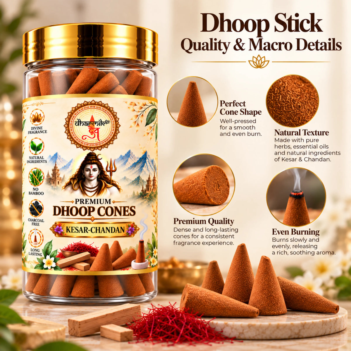 Kesar Chandan Dhoop Cones – Pack of 3 (125g Each) | Premium Sandalwood Fragrance for Puja & Meditation