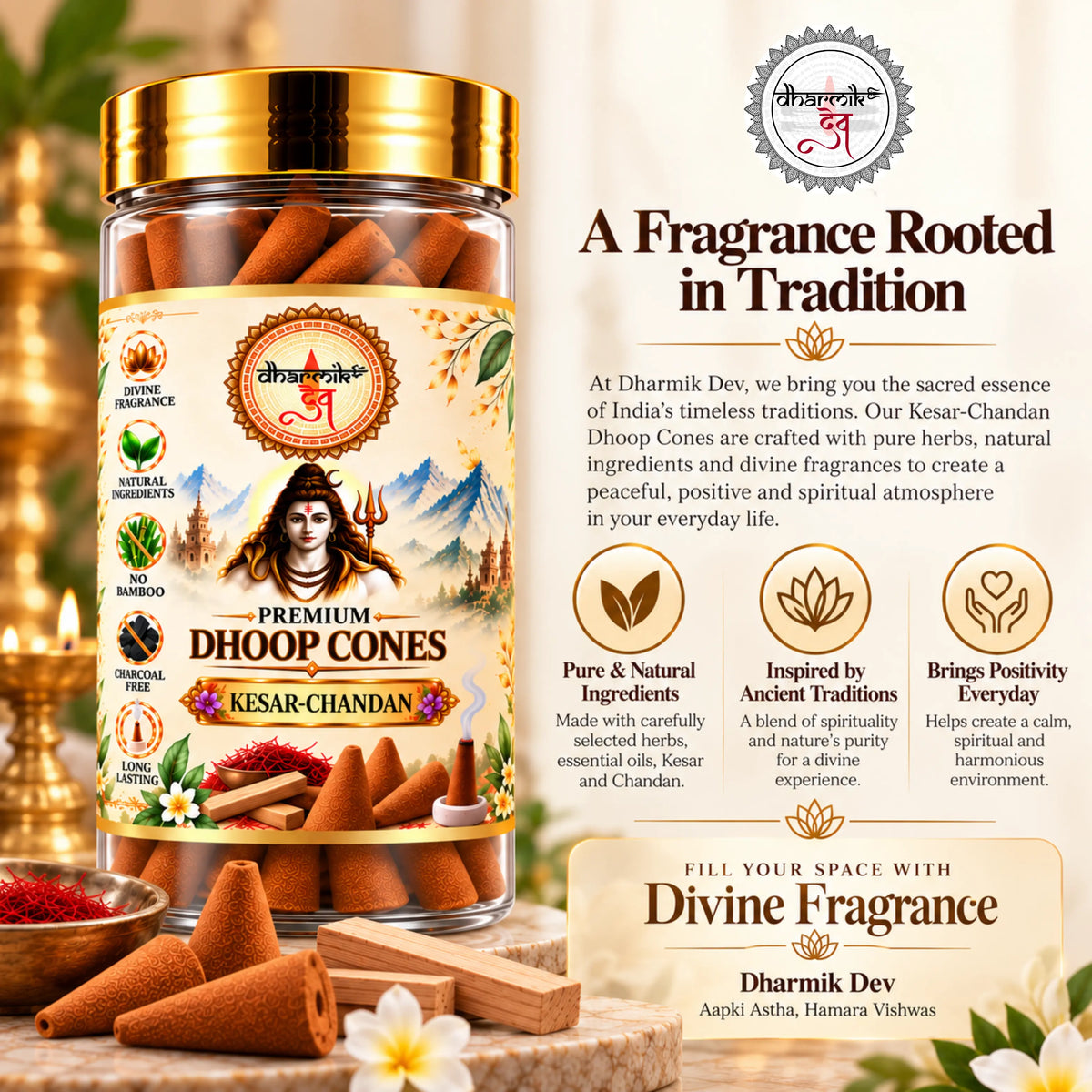 Kesar Chandan Dhoop Cones – Pack of 3 (125g Each) | Premium Sandalwood Fragrance for Puja & Meditation