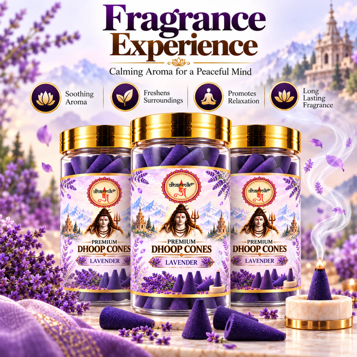 Lavender Dhoop Cones – Pack of 3 (125g Each) | Premium Floral Fragrance for Puja & Meditation