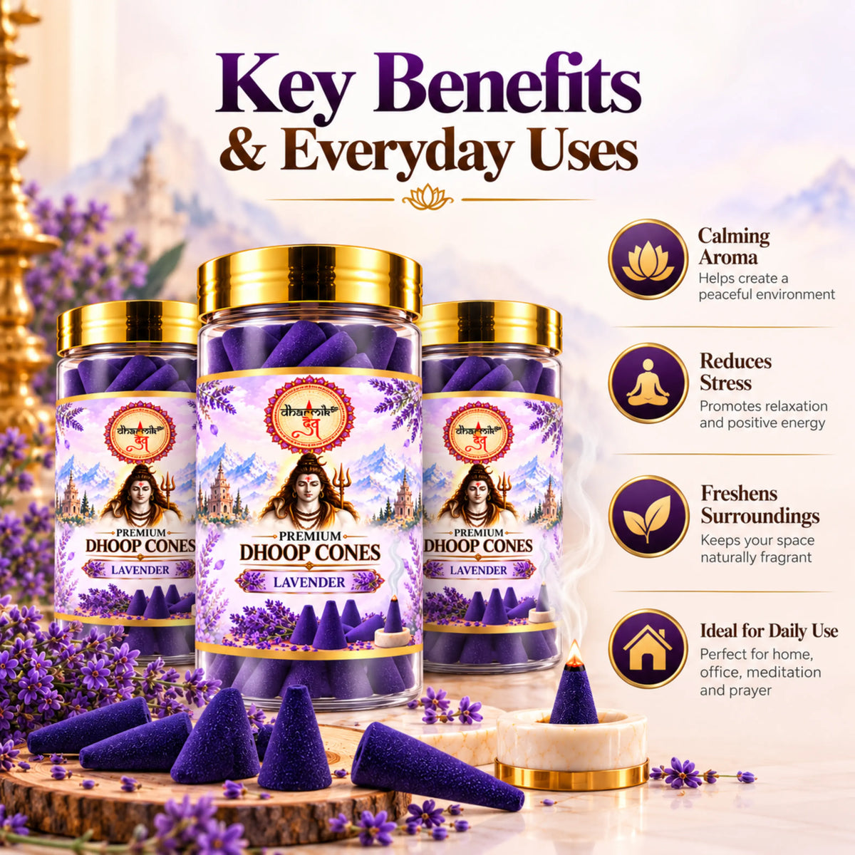 Lavender Dhoop Cones – Pack of 3 (125g Each) | Premium Floral Fragrance for Puja & Meditation