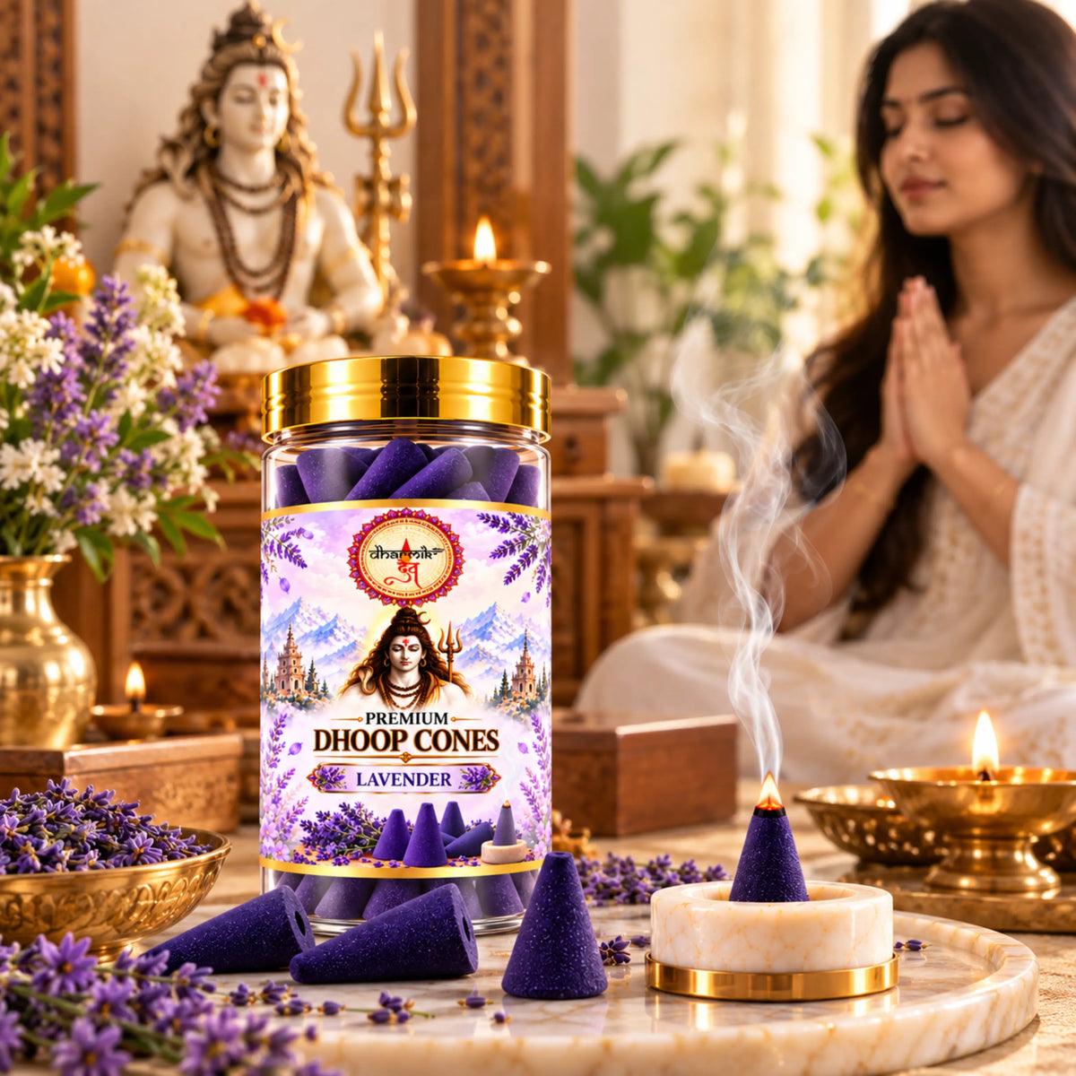 Lavender Dhoop Cones – Pack of 3 (125g Each) | Premium Floral Fragrance for Puja & Meditation