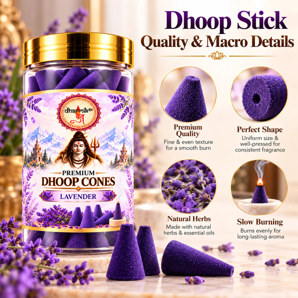 Lavender Dhoop Cones – Pack of 3 (125g Each) | Premium Floral Fragrance for Puja & Meditation