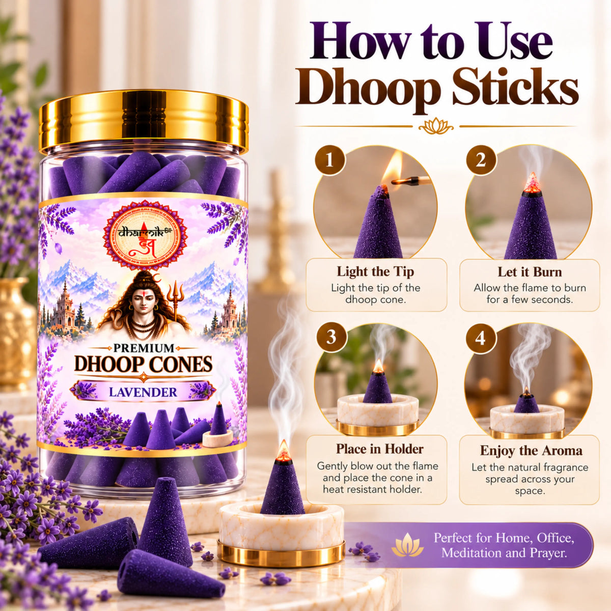 Lavender Dhoop Cones – Pack of 3 (125g Each) | Premium Floral Fragrance for Puja & Meditation