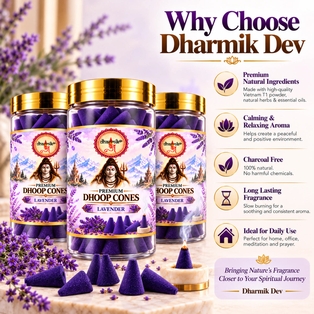 Lavender Dhoop Cones – Pack of 3 (125g Each) | Premium Floral Fragrance for Puja & Meditation