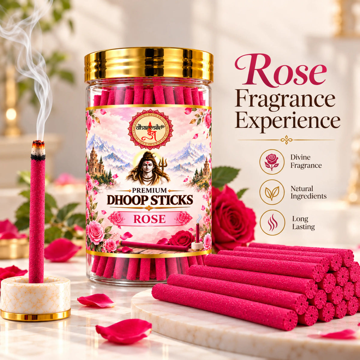 Rose Dhoop Sticks – Pack of 3 (125g Each) | Premium Floral Fragrance for Puja & Meditation