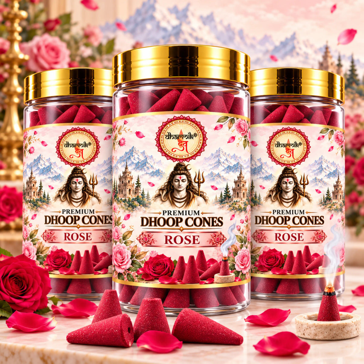 Rose Dhoop Cones – Pack of 3 (125g Each) | Premium Floral Fragrance for Puja & Meditation