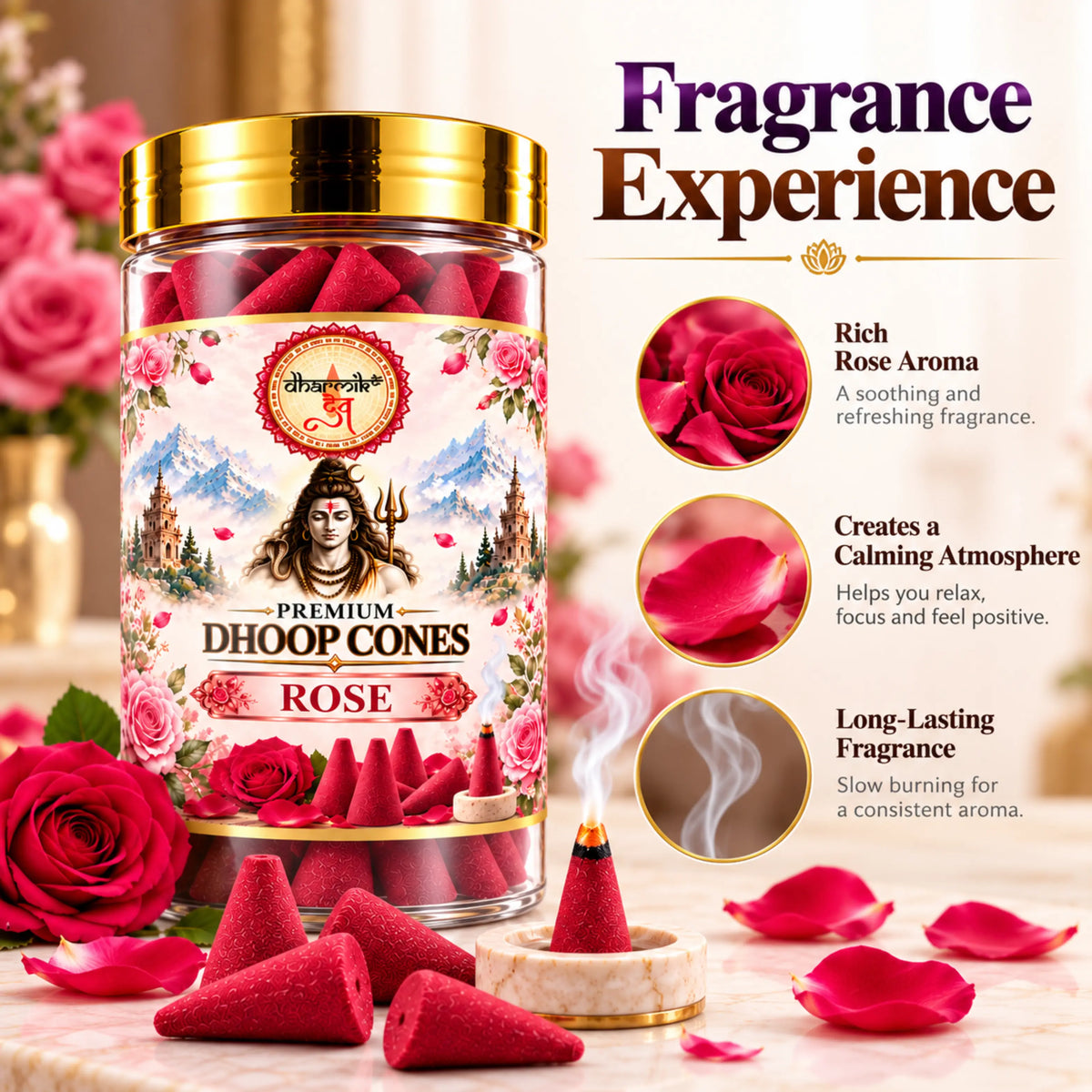 Rose Dhoop Cones – Pack of 3 (125g Each) | Premium Floral Fragrance for Puja & Meditation