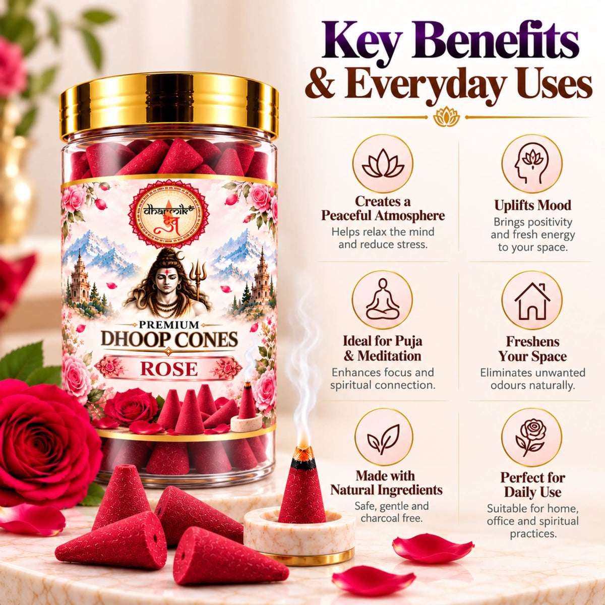 Rose Dhoop Cones – Pack of 3 (125g Each) | Premium Floral Fragrance for Puja & Meditation