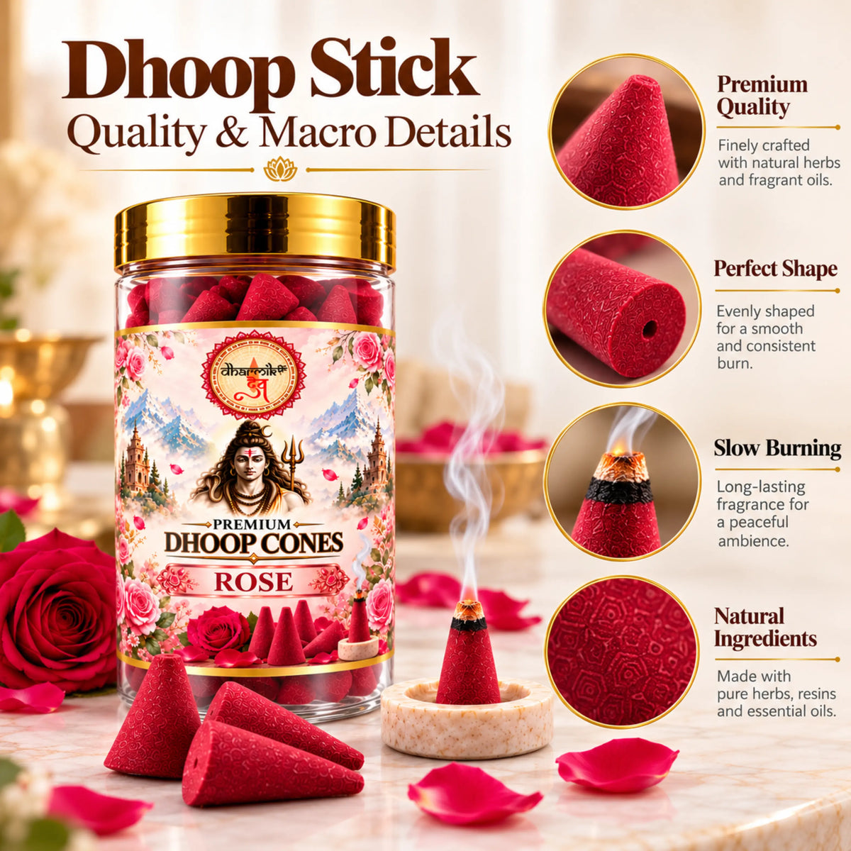 Rose Dhoop Cones – Pack of 3 (125g Each) | Premium Floral Fragrance for Puja & Meditation