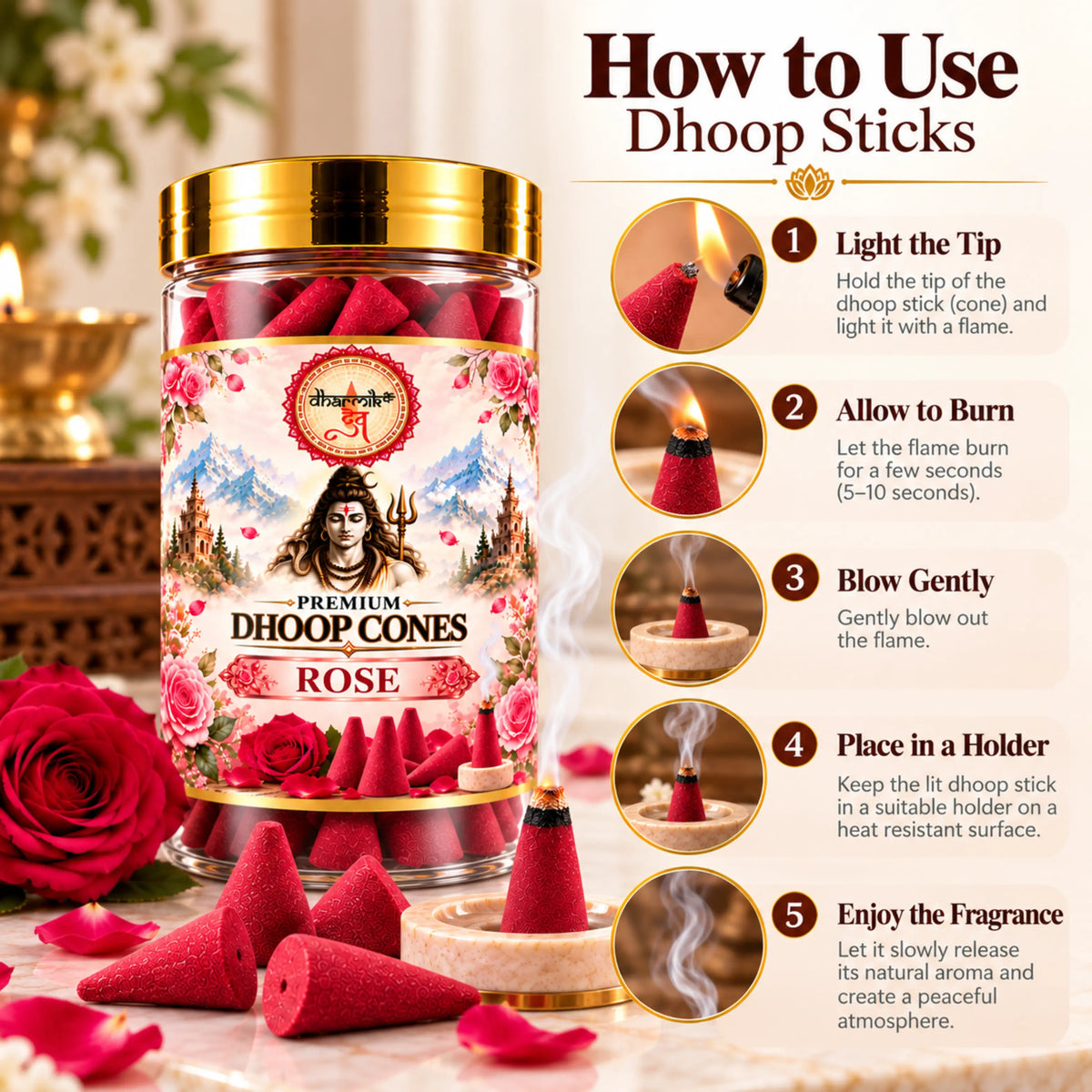 Rose Dhoop Cones – Pack of 3 (125g Each) | Premium Floral Fragrance for Puja & Meditation
