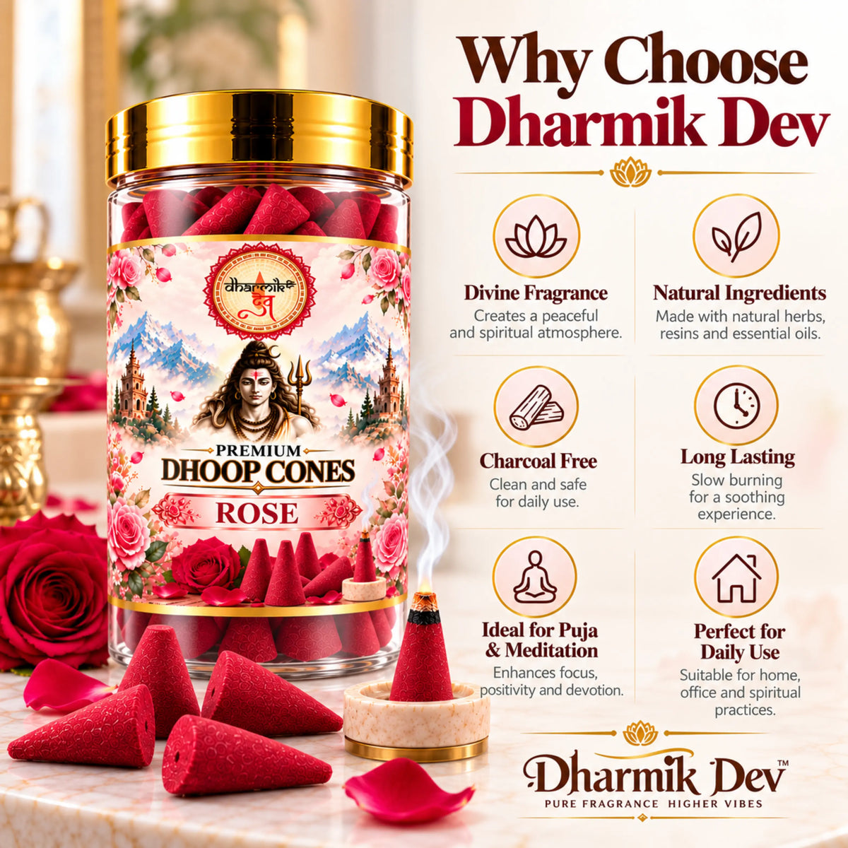 Rose Dhoop Cones – Pack of 3 (125g Each) | Premium Floral Fragrance for Puja & Meditation