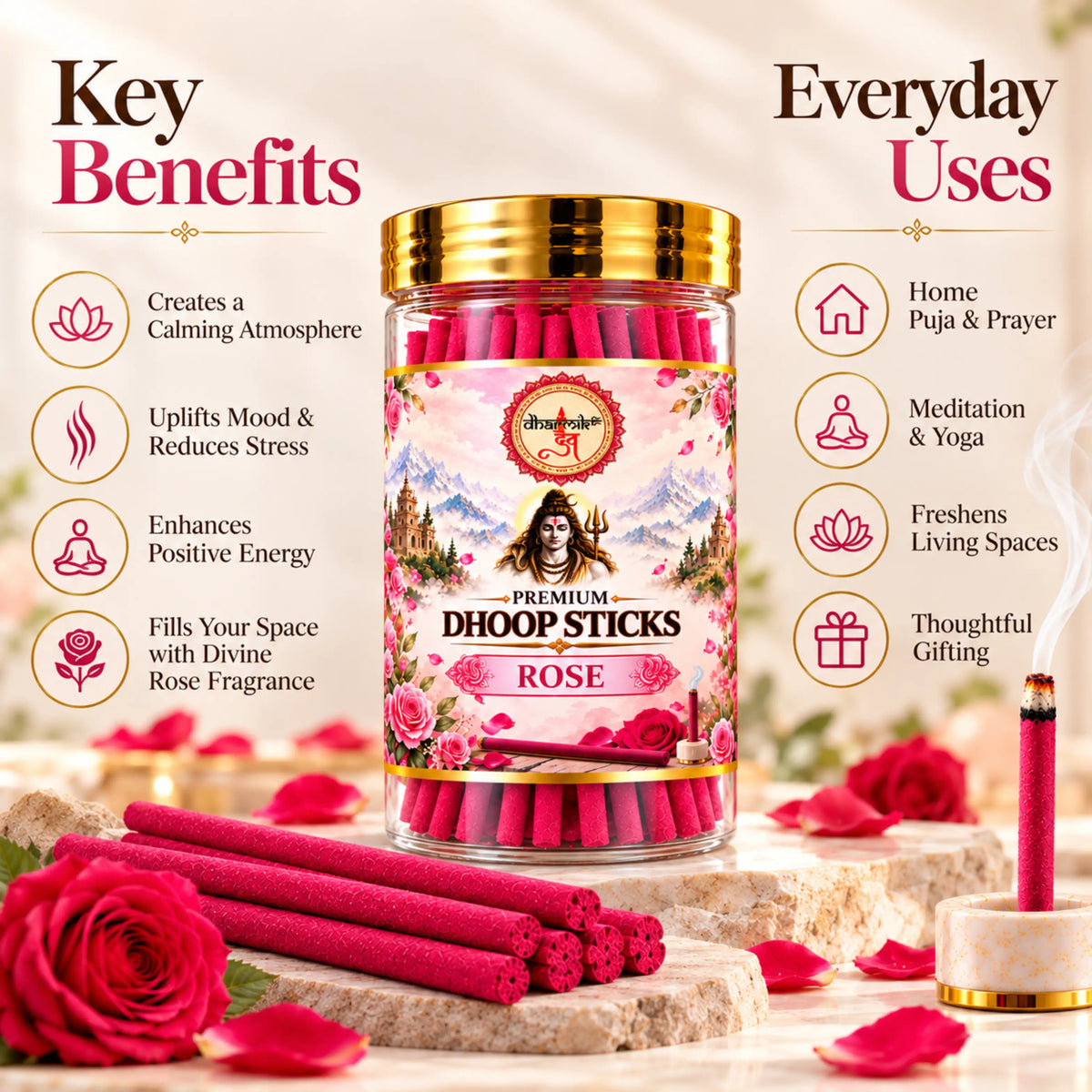Rose Dhoop Sticks – Pack of 3 (125g Each) | Premium Floral Fragrance for Puja & Meditation