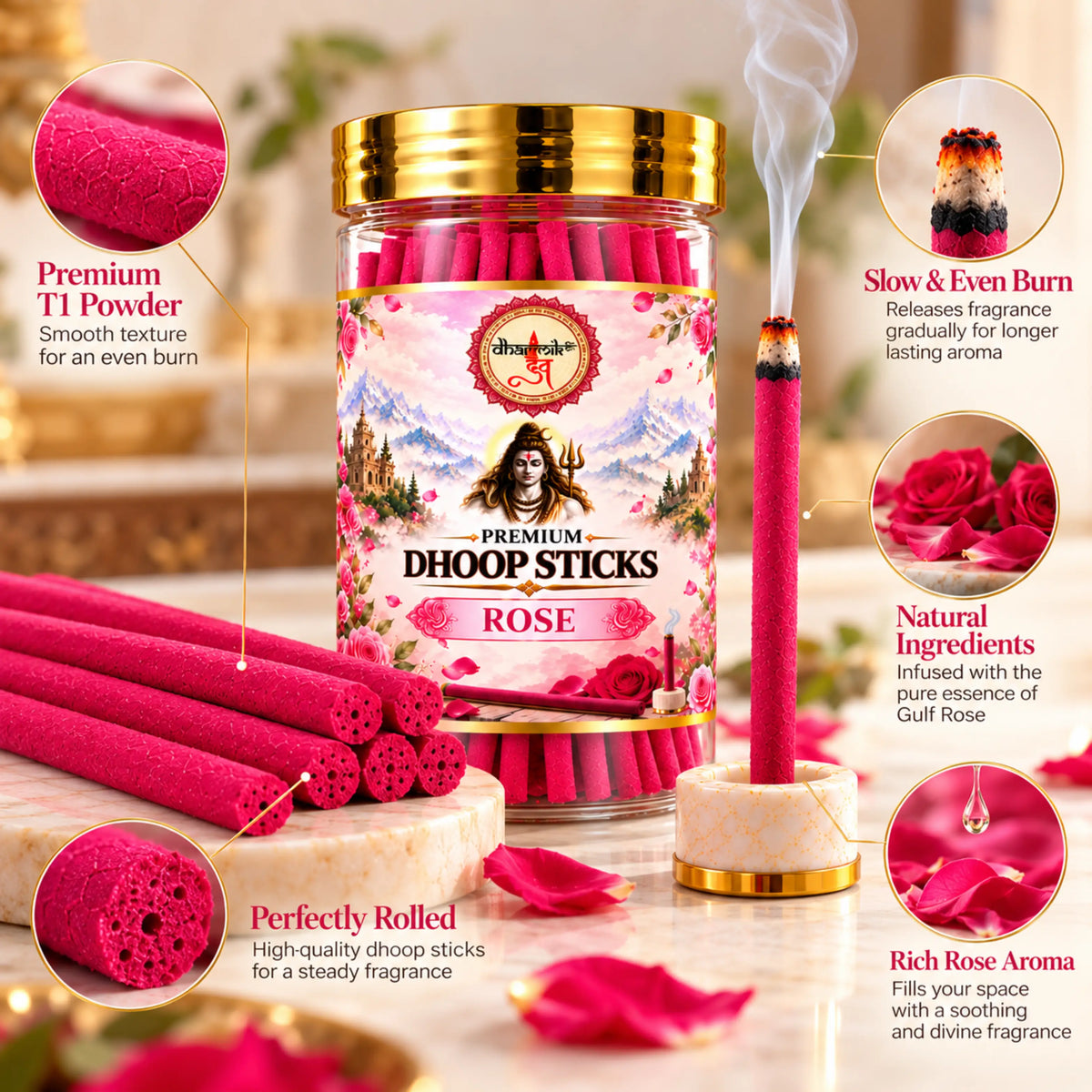 Rose Dhoop Sticks – Pack of 3 (125g Each) | Premium Floral Fragrance for Puja & Meditation