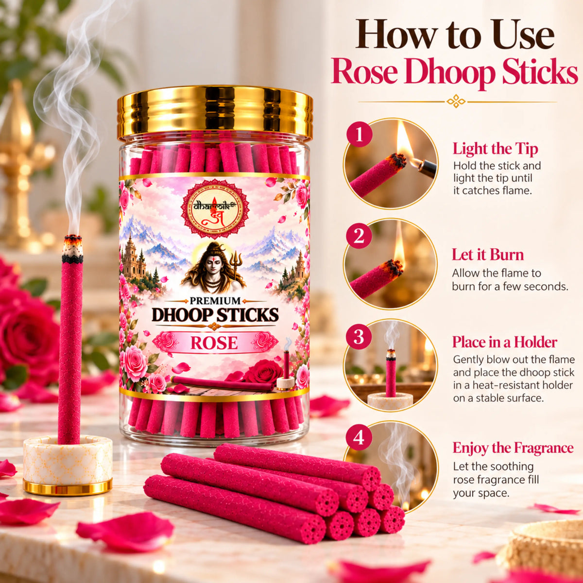 Rose Dhoop Sticks – Pack of 3 (125g Each) | Premium Floral Fragrance for Puja & Meditation