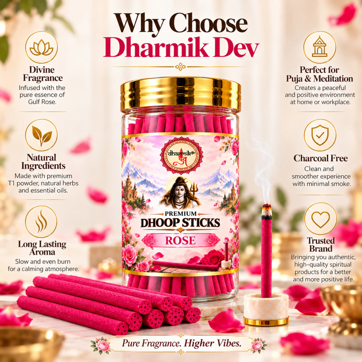 Rose Dhoop Sticks – Pack of 3 (125g Each) | Premium Floral Fragrance for Puja & Meditation