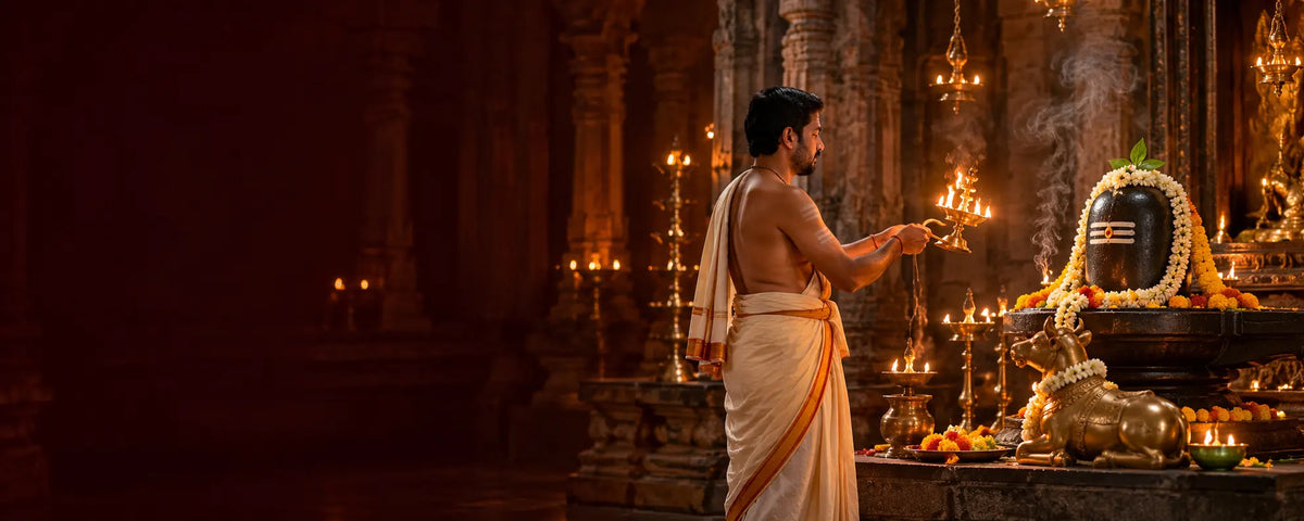 A priest performing a devotional puja at a temple