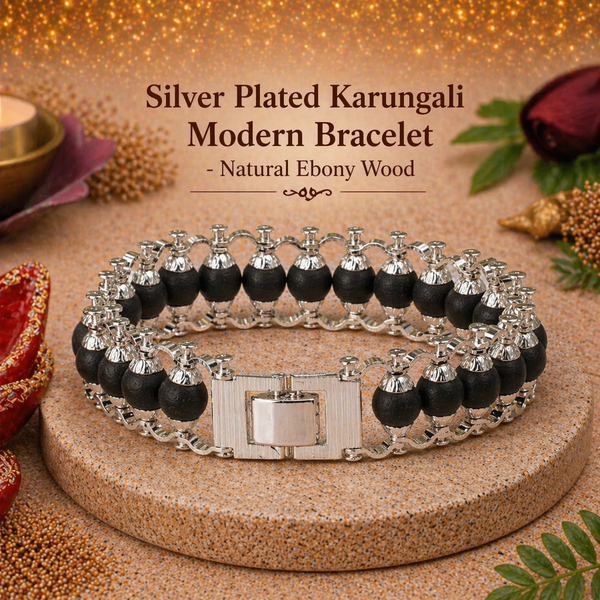 Silver Plated Karungali Modern Bracelet (Natural Ebony Wood)